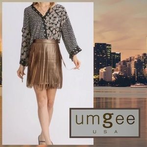 Size medium UMGEE metallic bronze leather stretch mini fringed skirt